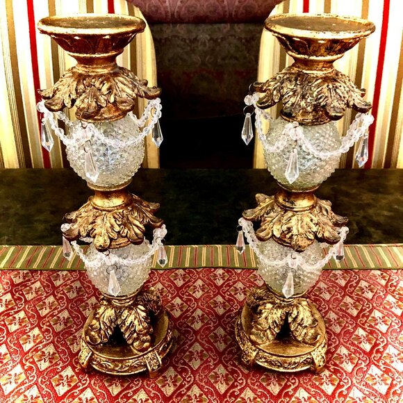 NWT ALEXANDRA'S ACCENTS Pair Antique Gold Cut Crystal Pillar Candle Holders 15" - Picture 2 of 10